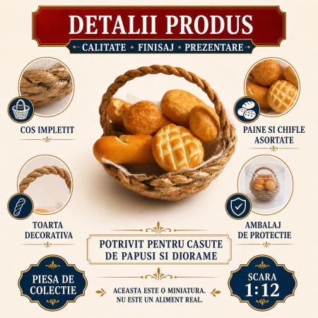 Cos mare cu toarta, paine si chifle asortate, miniatura 1:12 pentru casute de papusi [2]