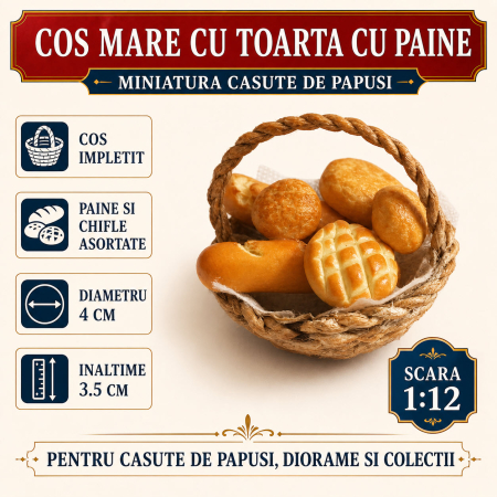 Cos mare cu toarta, paine si chifle asortate, miniatura 1:12 pentru casute de papusi