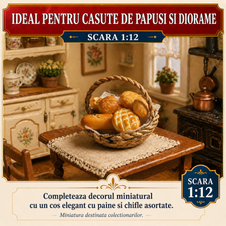 Cos mare cu toarta, paine si chifle asortate, miniatura 1:12 pentru casute de papusi [3]