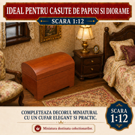 Cufar din lemn culoare nuc cu capac functional, miniatura 1:12 pentru casute de papusi [3]