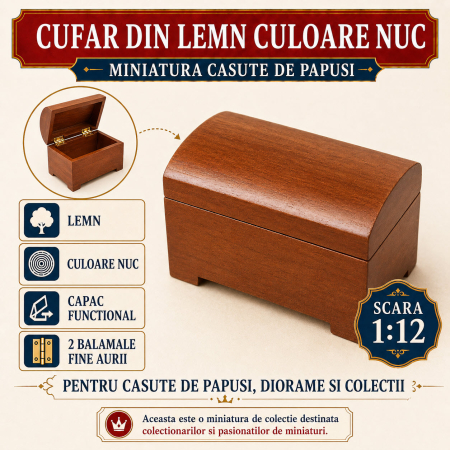 Cufar din lemn culoare nuc cu capac functional, miniatura 1:12 pentru casute de papusi