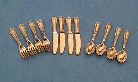 BUCATARIE - mobila, vase, ustensile, mancare, aparatura miniaturi papusi - Set de 12 tacamuri - din metal - culoare aurie - miniaturi colectionari 1:12