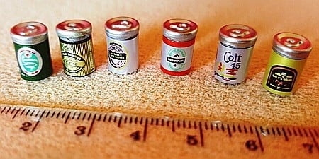 BUCATARIE - mobila, vase, ustensile, mancare, aparatura miniaturi papusi - Doza de bere - set 6 buc diferite - miniaturi papusi