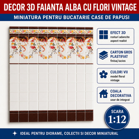 Materiale miniaturale si DIY - Decor 3D faianta alba cu flori vintage 28,5 x 19 cm, miniatura pentru bucatarie papusi