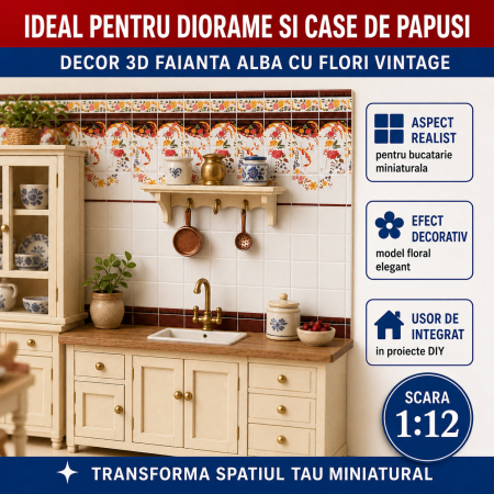 Decor 3D faianta alba cu flori vintage 28,5 x 19 cm, miniatura pentru bucatarie papusi [3]