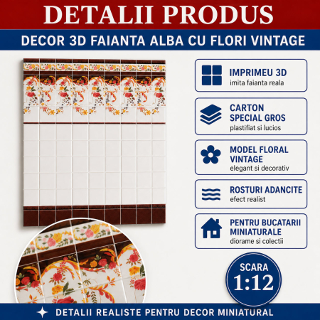 Decor 3D faianta alba cu flori vintage 28,5 x 19 cm, miniatura pentru bucatarie papusi [2]