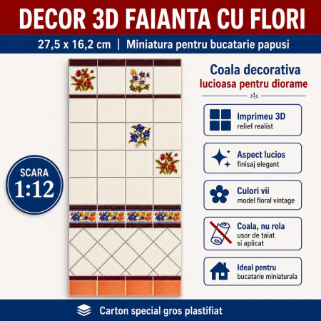 Materiale miniaturale si DIY - Decor 3D faianta cu flori 27,5 x 16,2 cm, miniatura pentru bucatarie papusi