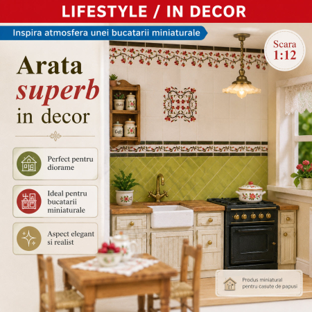 Decor 3D perete faianta florala verde 28,5 x 19 cm, miniatura pentru bucatarie papusi [3]