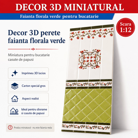 Materiale miniaturale si DIY - Decor 3D perete faianta florala verde 28,5 x 19 cm, miniatura pentru bucatarie papusi