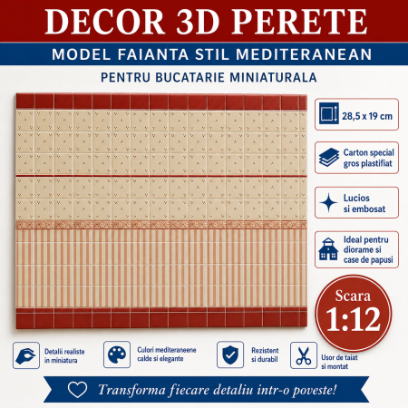MINIATURI CASUTE PAPUSI - Decor 3D perete faianta mediteraneana 28,5 x 19 cm, miniatura pentru bucatarie papusi