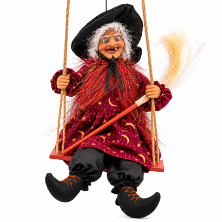 PAPUSI SI DECORATIUNI HORROR - Decoratiune Vrajitoare Halloween pe Leagan, Sunete, Lumini si Miscare, 30 cm, Bordo cu Stele Aurii