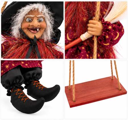Decoratiune Vrajitoare Halloween pe Leagan, Sunete, Lumini si Miscare, 30 cm, Bordo cu Stele Aurii [2]