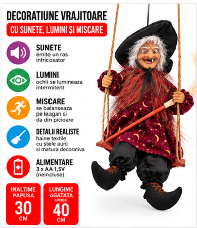 Decoratiune Vrajitoare Halloween pe Leagan, Sunete, Lumini si Miscare, 30 cm, Bordo cu Stele Aurii [1]