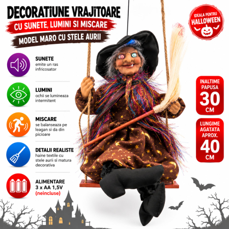 Decoratiune Vrajitoare Halloween pe Leagan, Sunete, Lumini si Miscare, 30 cm, Maro cu Stele Aurii [1]