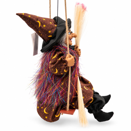 Decoratiune Vrajitoare Halloween pe Leagan, Sunete, Lumini si Miscare, 30 cm, Maro cu Stele Aurii [3]