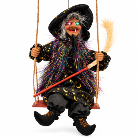 PAPUSI SI DECORATIUNI HORROR - Decoratiune Vrajitoare Halloween pe Leagan, Sunete, Lumini si Miscare, 30 cm, Negru cu Stele Aurii