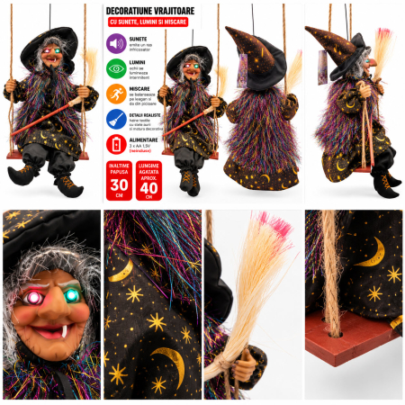 Decoratiune Vrajitoare Halloween pe Leagan, Sunete, Lumini si Miscare, 30 cm, Negru cu Stele Aurii [1]