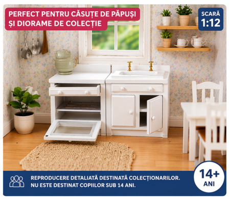 Dulap baza lavoar si cuptor miniatura bucatarie lemn alb – scara 1:12 pentru casute de papusi [3]