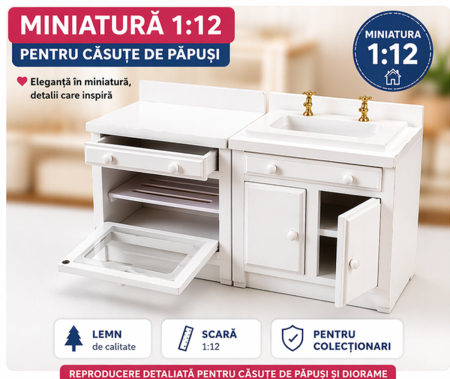 Bucatarie miniatura - Dulap baza lavoar si cuptor miniatura bucatarie lemn alb – scara 1:12 pentru casute de papusi