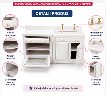 Dulap baza lavoar si cuptor miniatura bucatarie lemn alb – scara 1:12 pentru casute de papusi [2]