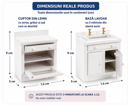 Dulap baza lavoar si cuptor miniatura bucatarie lemn alb – scara 1:12 pentru casute de papusi [1]
