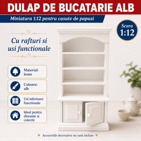 MINIATURI CASUTE PAPUSI - Dulap de bucatarie alb cu rafturi si usi functionale, miniatura 1:12 pentru casute de papusi