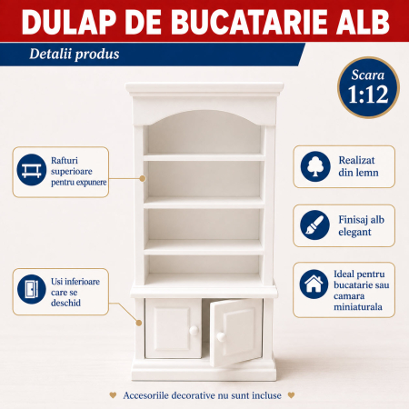 Dulap de bucatarie alb cu rafturi si usi functionale, miniatura 1:12 pentru casute de papusi [2]