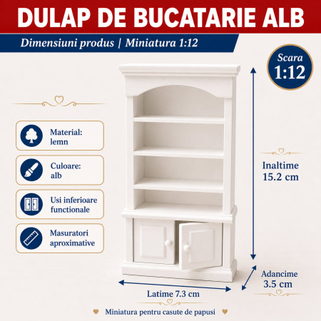 Dulap de bucatarie alb cu rafturi si usi functionale, miniatura 1:12 pentru casute de papusi [1]