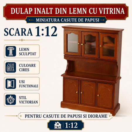 Dulap inalt din lemn cu vitrina culoare cires, miniatura 1:12 pentru casute de papusi