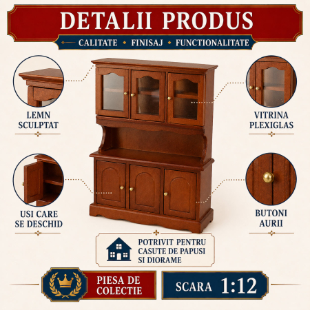 Dulap inalt din lemn cu vitrina culoare cires, miniatura 1:12 pentru casute de papusi [2]