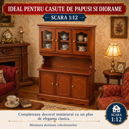 Dulap inalt din lemn cu vitrina culoare cires, miniatura 1:12 pentru casute de papusi [3]