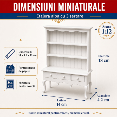 Etajera alba cu 3 sertare, stil victorian,  miniatura 1:12 pentru casute de papusi [1]
