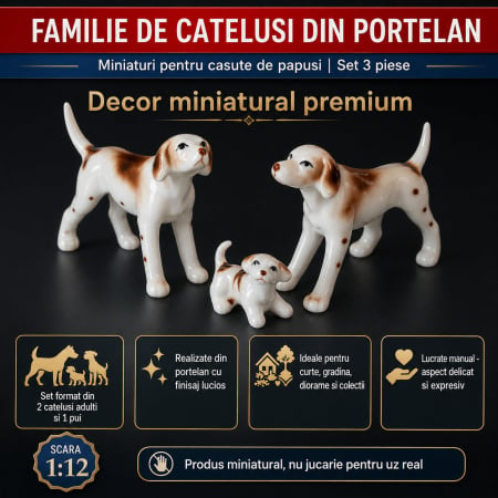 Animale miniaturale - Familie de catelusi din portelan, miniaturi 1:12 pentru casute de papusi