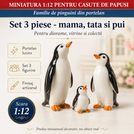 Animale miniaturale - Familie de pinguini din portelan, miniaturi pentru casute de papusi