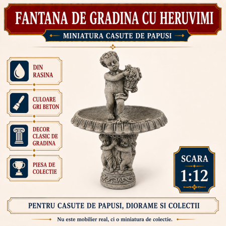 Decor exterior - Fantana de gradina cu heruvimi din rasina gri beton, miniatura 1:12 pentru casute de papusi