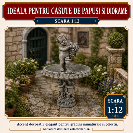 Fantana de gradina cu heruvimi din rasina gri beton, miniatura 1:12 pentru casute de papusi [3]