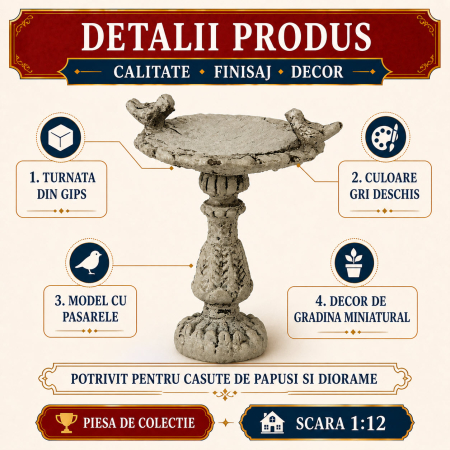 Fantana de gradina cu pasarele din gips gri deschis, miniatura 1:12 pentru casute de papusi [2]
