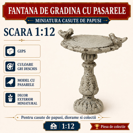 MINIATURI CASUTE PAPUSI - Fantana de gradina cu pasarele din gips gri deschis, miniatura 1:12 pentru casute de papusi