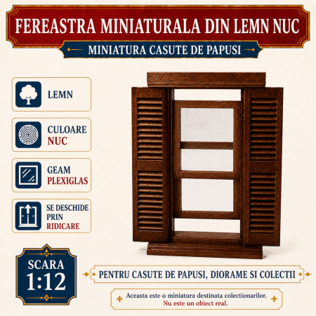 MINIATURI CASUTE PAPUSI - Fereastra miniaturala din lemn cu obloane, culoare nuc, pentru casute de papusi 1:12