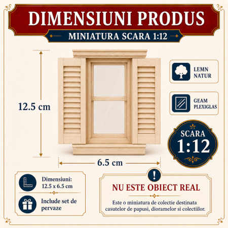 Fereastra miniaturala din lemn natur cu obloane fixe si pervaze, miniatura 1:12 pentru casute de papusi [1]