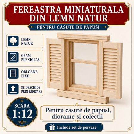 MINIATURI CASUTE PAPUSI - Fereastra miniaturala din lemn natur cu obloane fixe si pervaze, miniatura 1:12 pentru casute de papusi