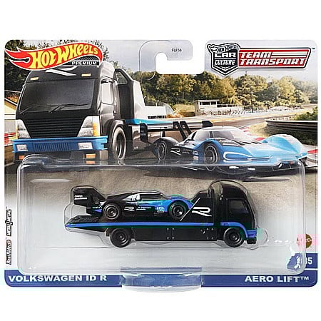 Seturi HOTWHEELS - Set masinute Hot Wheels Car Culture - Team transport, Aero Lift Negru cu masinuta Volkswagen Id R, 1:64