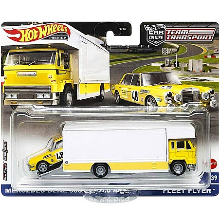 Seturi HOTWHEELS - Set Masinute Hot Wheels Premium, Team Transport, Mercedes-Benz 300 SEL 6.8 AMG si Fleet Flyer, 1:64, Alb si Galben