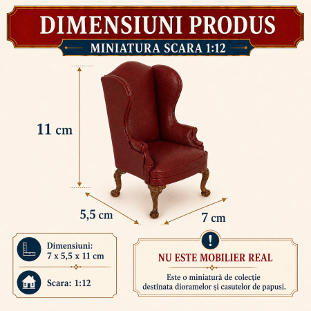 Fotoliu DeLuxe din lemn si piele bordo, miniatura 1:12 pentru casute de papusi [1]
