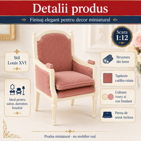 Fotoliu Louis XVI ivory cu tapiterie roz fondant, miniatura 1:12 pentru casute de papusi [2]