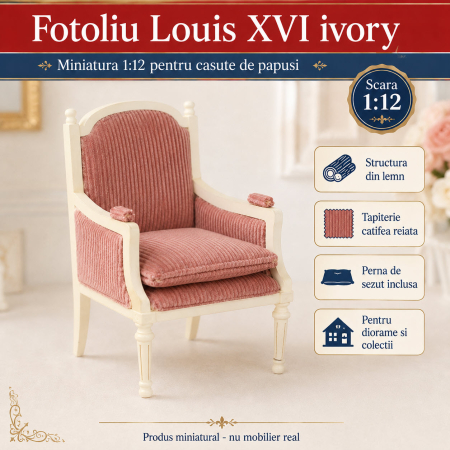 Fotoliu Louis XVI ivory cu tapiterie roz fondant, miniatura 1:12 pentru casute de papusi
