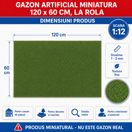 Gazon artificial miniatura 120 x 60 cm, la rola, pentru casute de papusi si diorame [1]