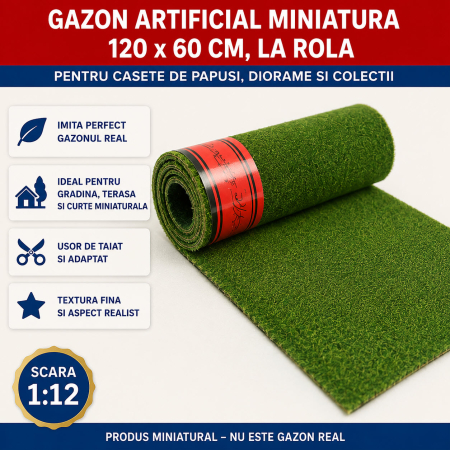 MINIATURI CASUTE PAPUSI - Gazon artificial miniatura 120 x 60 cm, la rola, pentru casute de papusi si diorame