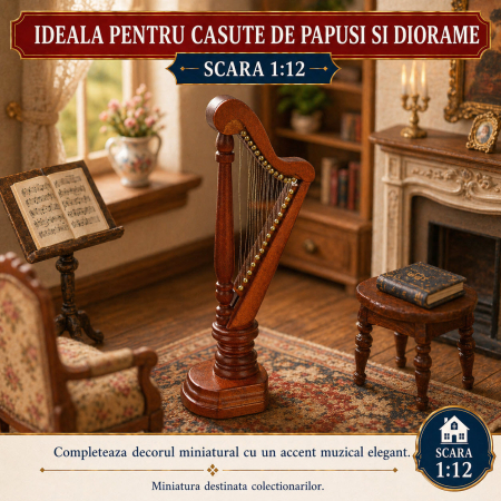 Harpa din lemn culoare cires, miniatura 1:12 pentru casute de papusi [3]