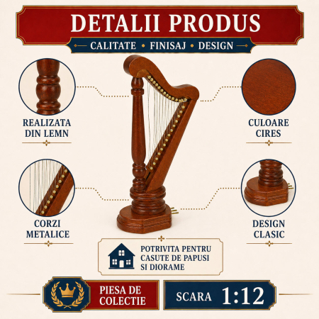 Harpa din lemn culoare cires, miniatura 1:12 pentru casute de papusi [2]